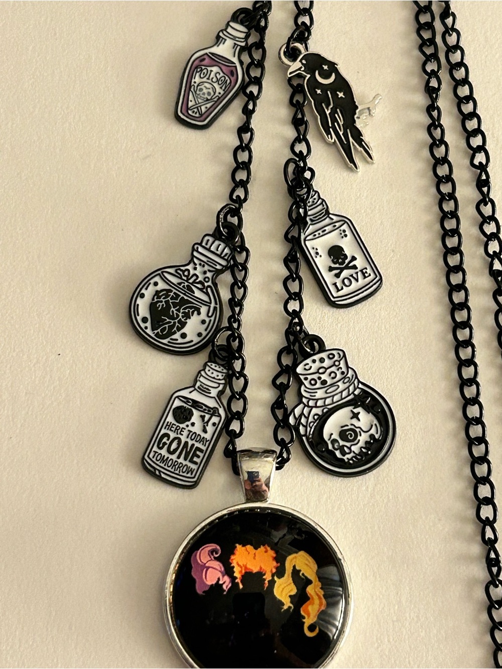 NWOT “Hocus Pocus Potions” bottles, Sanderson sistas, & crow charms necklace